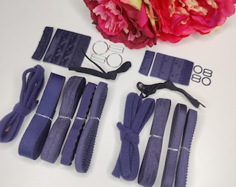 Haberdashery sewing kit for bras with underwire tape, straps, underbust band, fold-over elastic, bra clasp, rings and sliders in blue/midnight blue IDbhkwx7