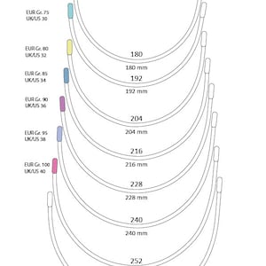 Może przedstawiać: Diagram przedstawiający różne rozmiary biustonoszy balconette z fiszbinami w milimetrach. Rozmiary wahają się od 180 mm do 264 mm. Każdy rozmiar jest reprezentowany przez zakrzywioną linię i kolorowy punkt.