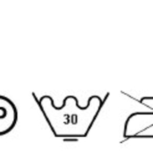 May include: Washing instructions for a garment. The instructions include a symbol for a washing machine with a maximum temperature of 30 degrees Celsius, a symbol for not using bleach, a symbol for not ironing, a symbol for not tumble drying, and a symbol for not dry cleaning.