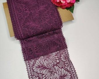 Elastic lace in aubergine, currant, and plum colors, price per half meter. Stretch gallon lace