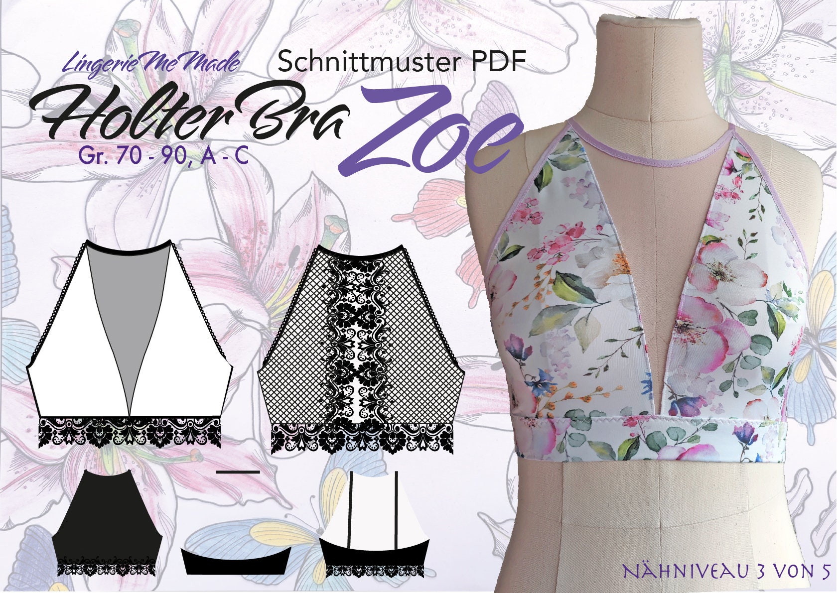 Sewing Pattern Holterbra Zoe German Sizes 70-90, A-B-C or as a Sports Bra  or Swim Bikini Idsmx3 