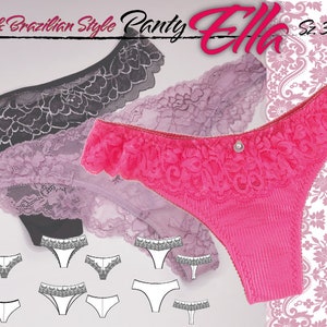 Può includere: Tre slip in stile Tanga e brasiliano in pizzo nero, lavanda e rosa acceso. Lo slip rosa presenta un piccolo dettaglio a perla centrale. Il testo recita Tanga & Brazilian Style Panty Ella Sz 32-46. Include piccole icone in bianco e nero.