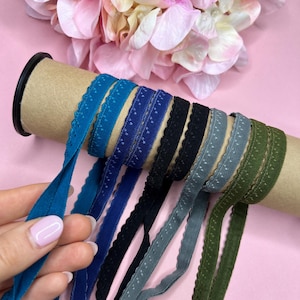 1 M folding elastic, folding elastic, edging elastic, elastic edging tape pre-folded. Colors: blue, gray, black, petrol, khaki. IDelx19
