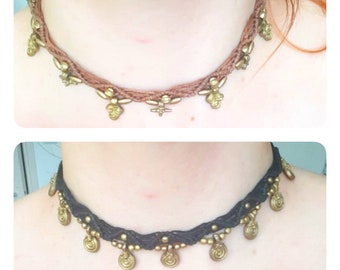 Braided handmade chocker necklace (cotton,brass), belt , leg bracelet