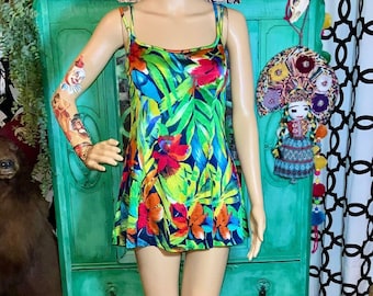 Adorable 1 piece Tiki Tropical Print Swim Dress Swimsuit// 70s Bathing suit// Playsuit