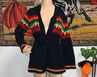 Vintage ZABO 1970s Rainbow Hooded Cardigan Sweater Sz M