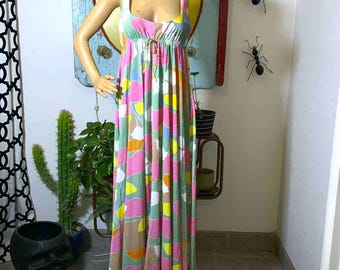 Vintage 1960s Sleeveless Empire Waist Pastel Maxi Summer dress By John Kloss for I Mangnin