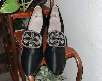 Antique Victorian  Edwardian Black Silk Evening Pumps w Beautiful Marcasite Beading The Stetson Shoe