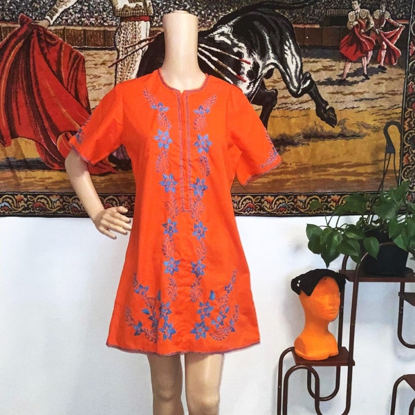 Vintage Orange 70s Hand Embroidered Floral Mini Dress