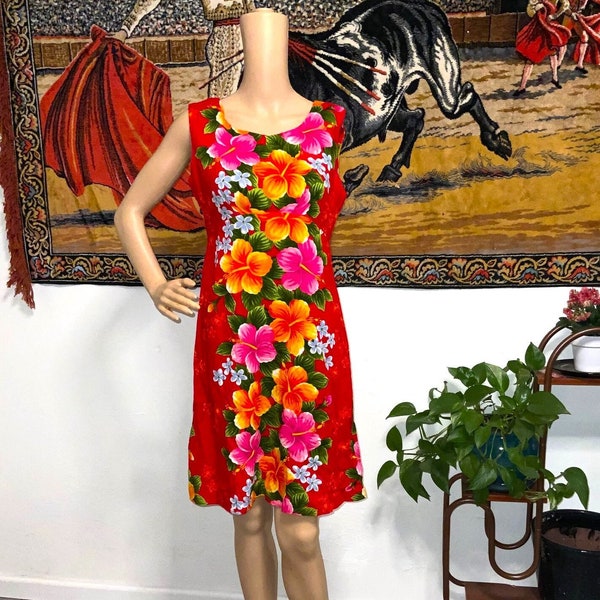 Vintage Women's Barkcloth 60s Neon Psychedelic Tropical Tiki Hawaii Party Dress By Pomare