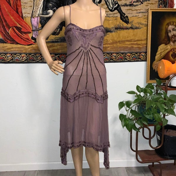 Vintage 1920s Flapper Sheer Purple Embroidered and Beaded Silk Chiffon Size S