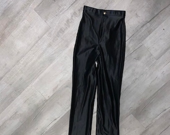 Vintage Tall Girls California Black Satin Shiny Stretchy Disco Pants Trousers High Waisted Slim