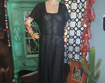 Vintage 1950s Black Sheer Lace Maxi Dress Size Large