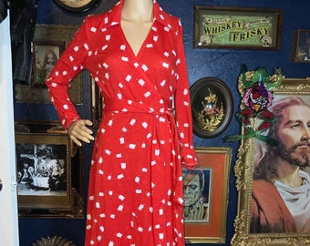 Vintage Cotton 1970s Red Wrap Dress with White Tulip Pattern