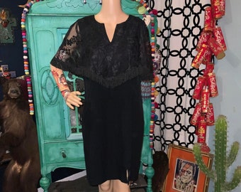 Vintage 1960s Black Cocktail Dress with Floral Sheer Attached Shawl