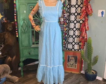 Vintage Blue Swiss Dot Cottage Core Long Prairie Ruffled Dress