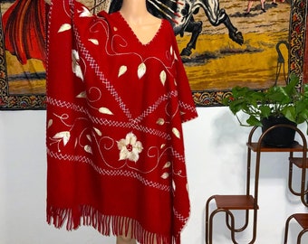 Vintage Red Wool Fringe Poncho With Off White Embroidery