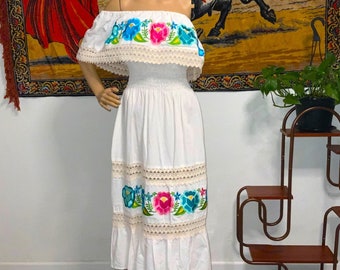 Mexican Traditional Lace Trim Off the Shoulder Floral Embroidered Dress/ Mexican Fiesta Dress