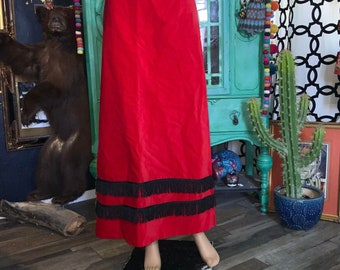 Vintage Red Velvet and Fringe Maxi Skirt