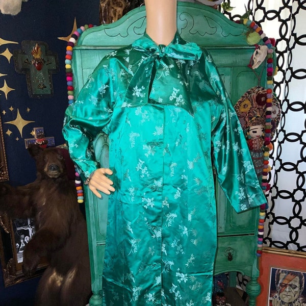 Vintage 40s 1950's Emerald Silk Hollywood Glamour Dynasty British Town Colony Lounging Jacket Evening Coat Kimono // Medium