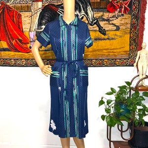 Vintage Blue White and Green 1960s Zip Front House Dress