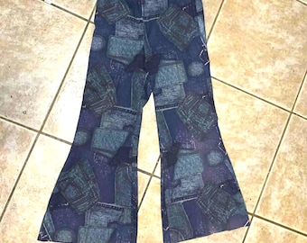 Vintage 60's/70's High Waist Patchwork Jeans Print Denim Bellbottom Flares- size small