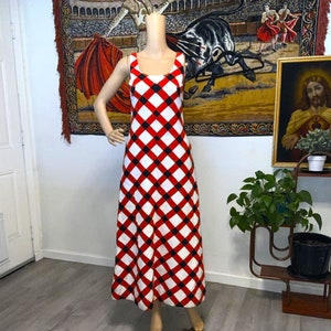 Vintage 60s Handmade Red and Dark Blue Sleeveless Maxi Dress