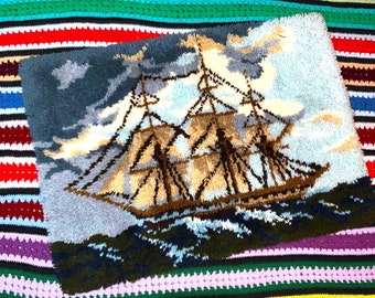Vintage Large Pirate Ship In the Ocean Latchook Wall Hanging Tapestry