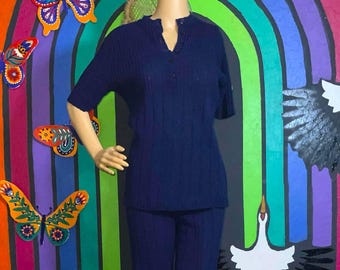 1950s Vintage Blue 2 Piece Knit Pant Set by Lil Lambee
