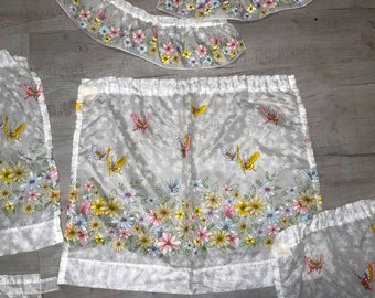 Vintage 70's 7 Piece White Curtain Set with Butterflies and Flowers