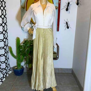 Vintage Wide Leg Gold Pleated Leg Balloon Sleeve Jumpsuit