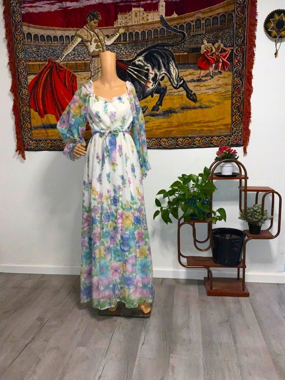 Vtg 60's-70's Maxi Floral Boho Prairie Dress with 