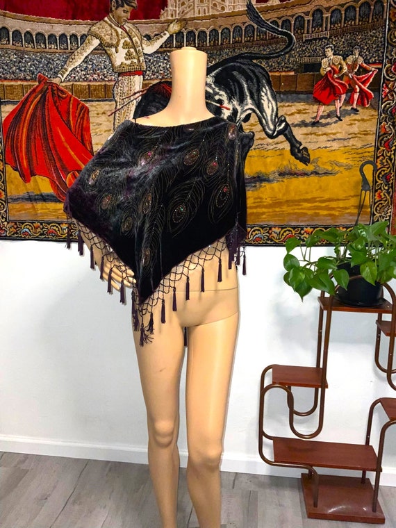 Vintage Velvet Beaded Short Poncho Coverup with P… - image 2
