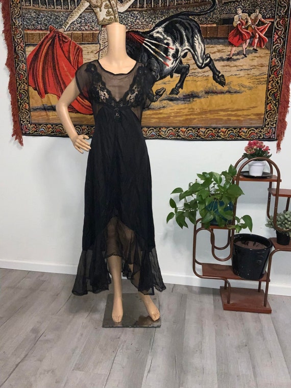 Vintage 1980s Sheer Lace Black Nylon Nightgown by 