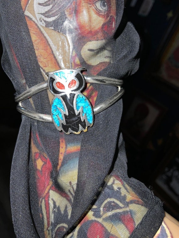 Turquoise and Coral Owl Silver Plated Cuff Bracele