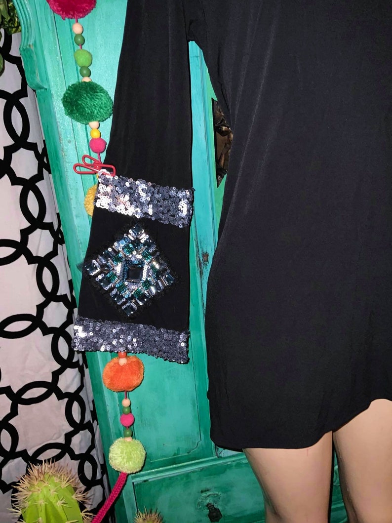 80s Mod Embellished Asymmetrical Black Beaded Dress XS Hippie Boho Mini