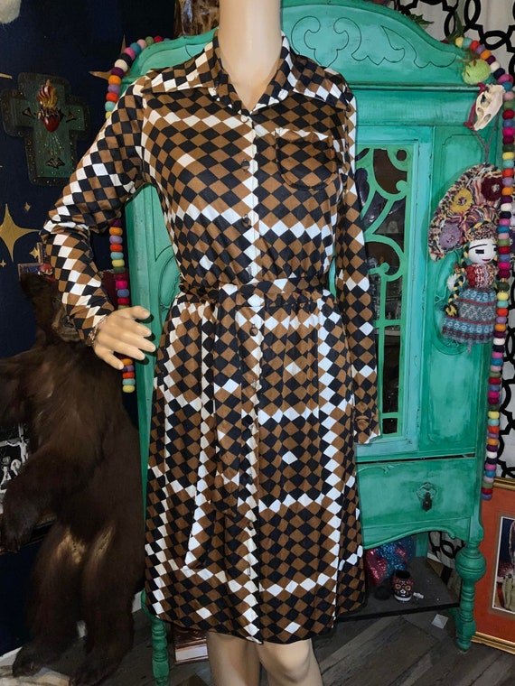 70s Womens Vintage Brown Argyle Mod Wrap Dress by… - image 3