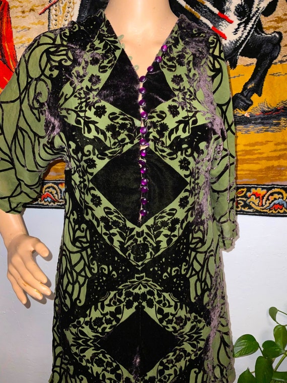 Vintage Olive Green and Velvet Mini Kimono Dress - image 2