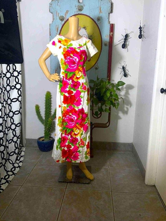 Vintage 70s Made In Hawaii floral dayglo barkcloth waterfall back maxi dress