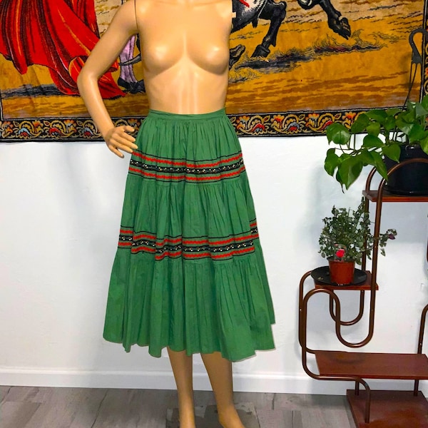 Vintage Mid century Folk  Red and Green Ric Rac Patio Skirt