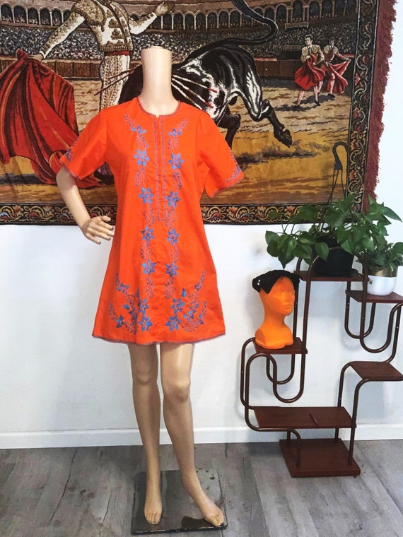 Vintage Orange 70s Hand Embroidered Floral Mini Dr