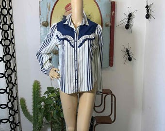 Vintage Ranch and Town Blue White Striped Ruffled Western Rodeo Cowgirl Prairie Blouse Top