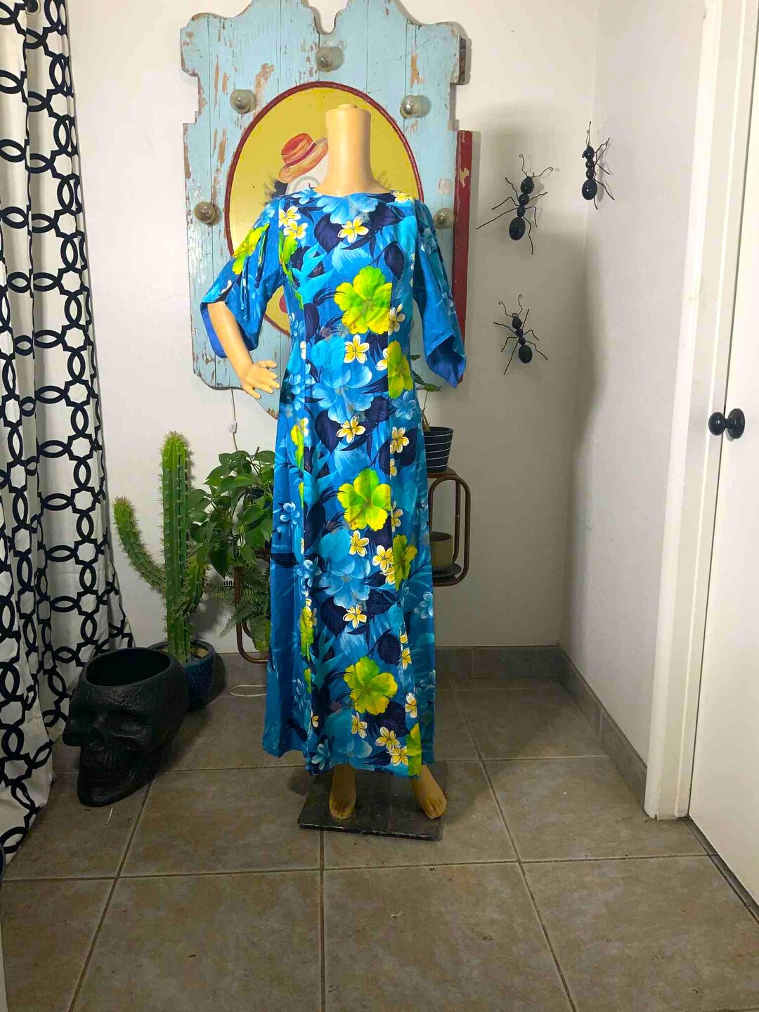 Vintage 70s Hawaiian Floral Kaftan Dress Vintage Bell Sleeve Blue ...