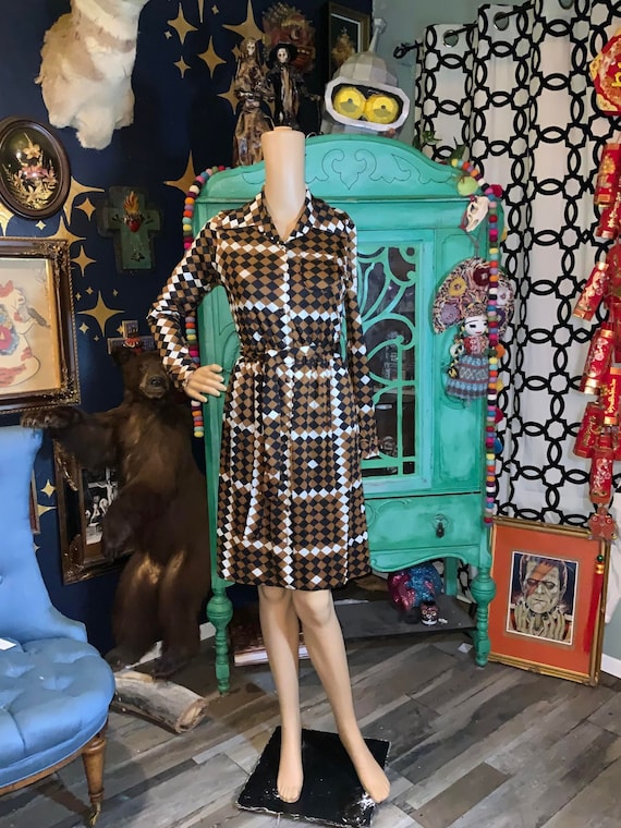 70s Womens Vintage Brown Argyle Mod Wrap Dress by… - image 1