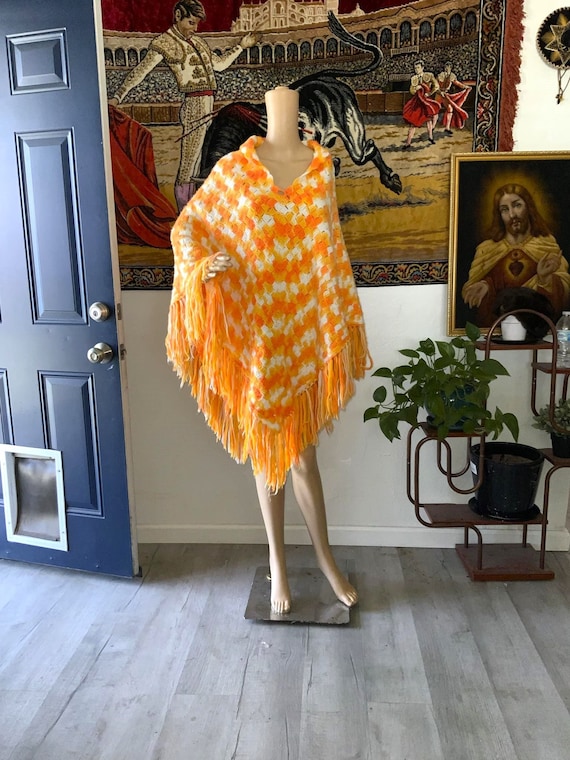 Vintage Handmade Orange and White Crochet Poncho