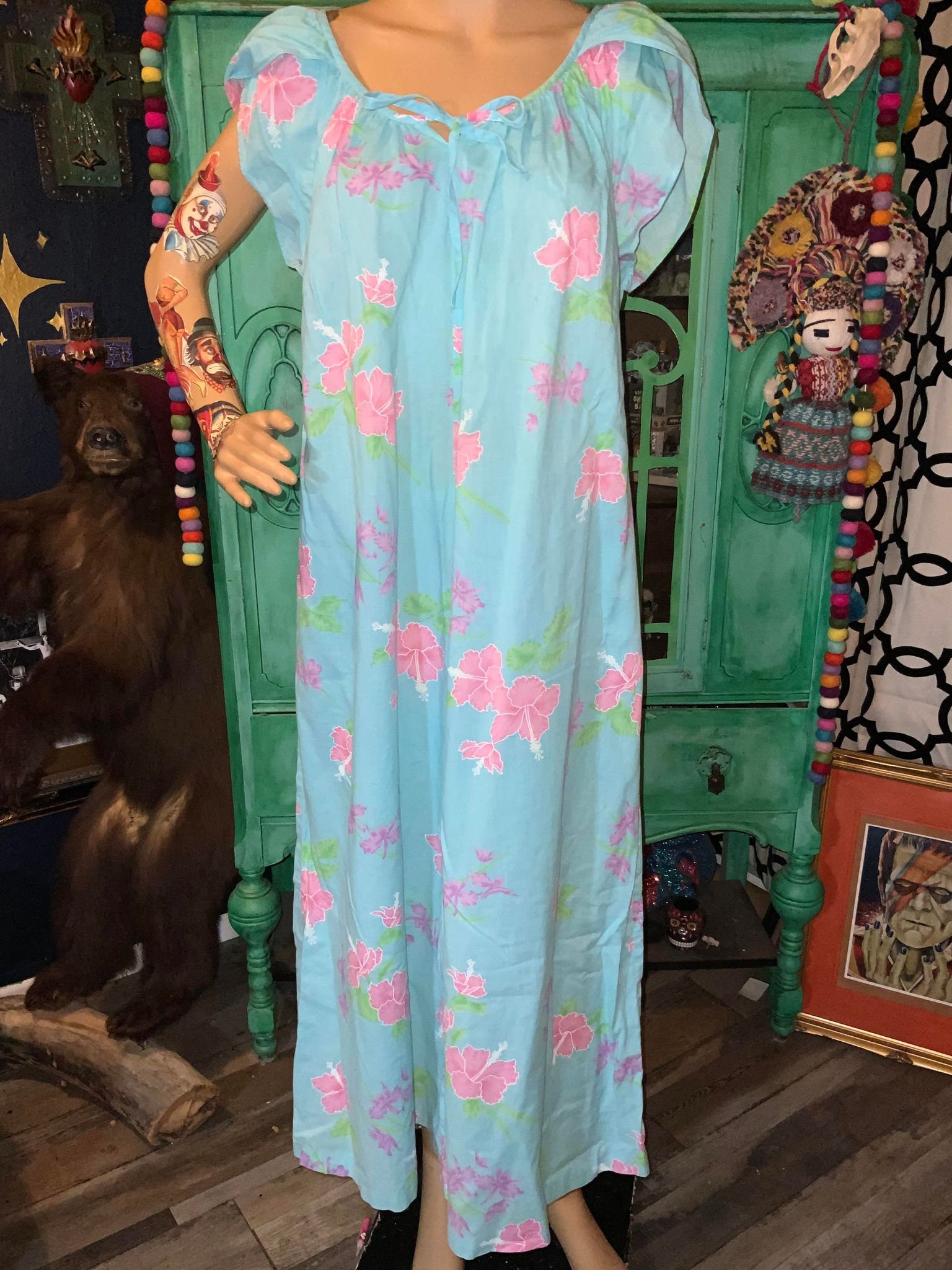 Vintage 70s Hawaiian Maxi Dress: Blue & Pink Hibiscus Floral Tiki Aloha ...