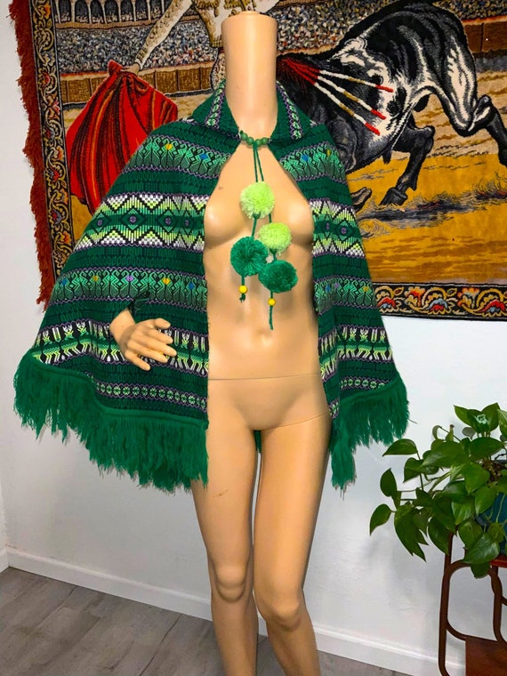 Vintage 70s Green Fringed Ponch with Arm Holes Ma… - image 2