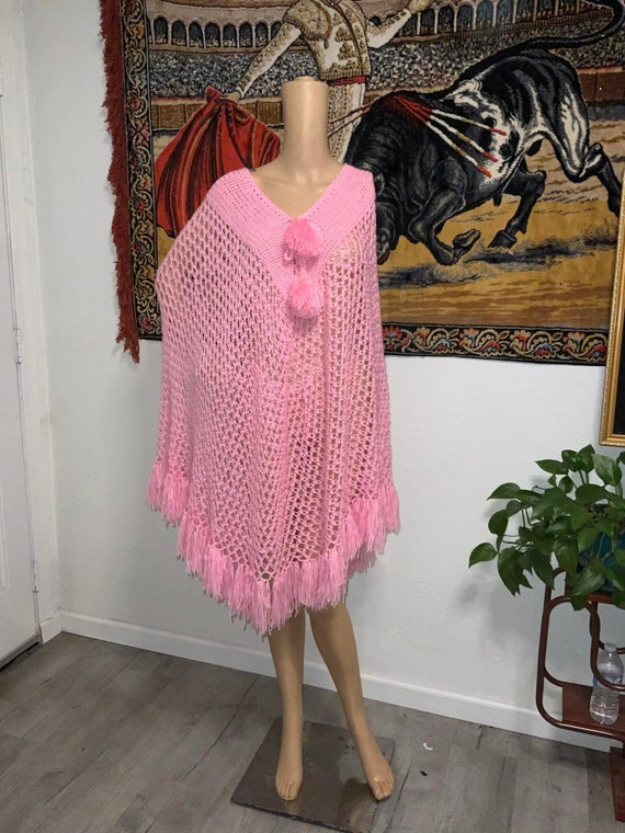 Vintage Large and Long Hand made Pink Crochet 70s 