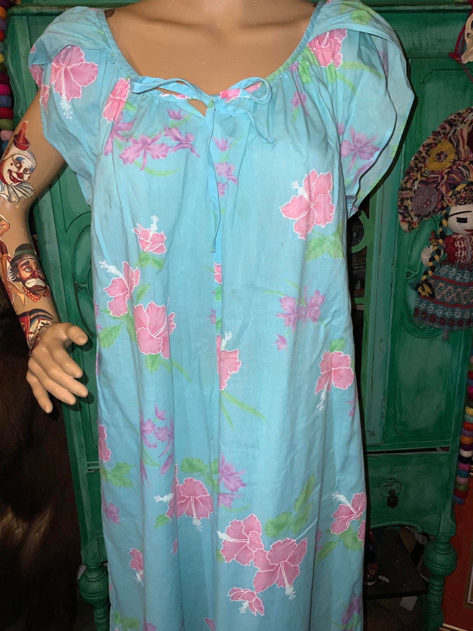 Vintage 70s Hawaiian Maxi Dress: Blue & Pink Hibiscus Floral Tiki Aloha ...