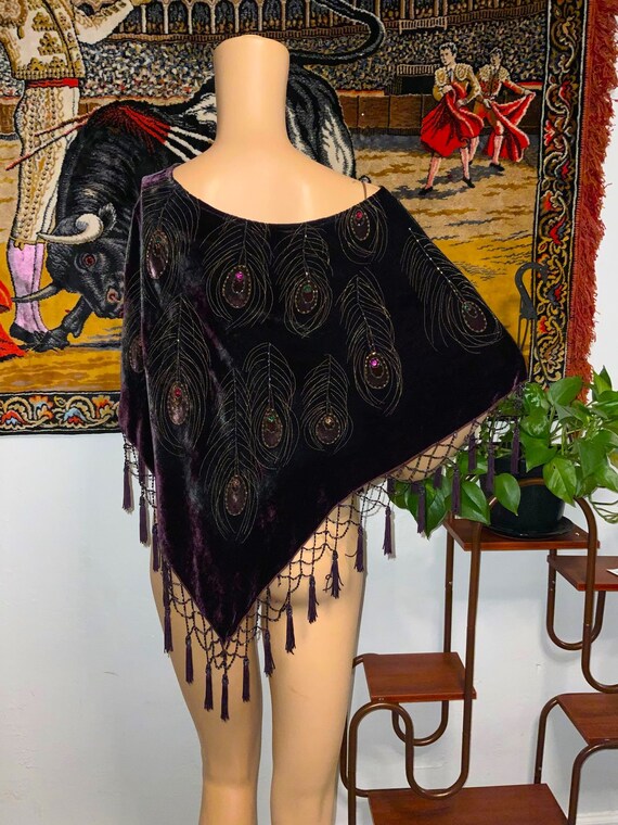 Vintage Velvet Beaded Short Poncho Coverup with P… - image 3